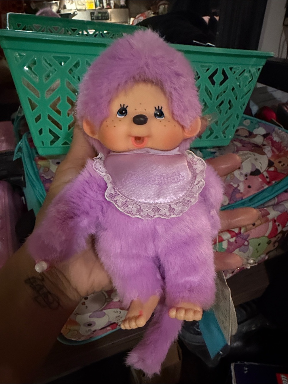 Vintage Purple Plush Monchhichi-Style Doll with Bib